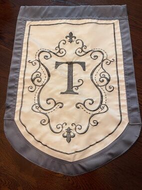 Monogram 'T' Embroidered Cream Banner / Garden Flag with Trim